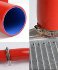 Close-up of silicone radiator hose for 1989 to 2000 Nissan 300ZX Z32 VG30DET with clamp, shown in use on radiator.