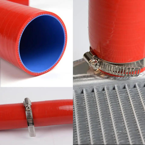 Close-up of silicone radiator hose for 1989 to 2000 Nissan 300ZX Z32 VG30DET with clamp, shown in use on radiator.