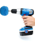 3 Inch Polishing Ball For Drill Detailing Adapter attached to blue drill held by hand, showing quick change tool in use