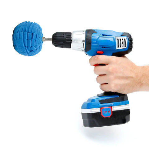 3 Inch Polishing Ball For Drill Detailing Adapter attached to blue drill held by hand, showing quick change tool in use