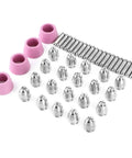 Heavy Duty 44 Piece Welding Torch Nozzle And Collet Guard Cap Replacement Kit With Premium Ceramic Steel Construction For Plasma Cutter AG60 SG55 Upgrades, featuring steel nozzles and pink caps.