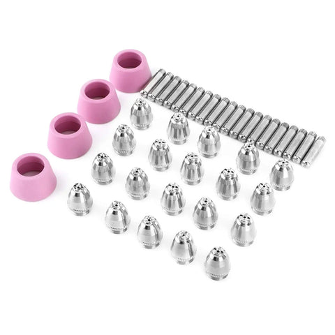 Heavy Duty 44 Piece Welding Torch Nozzle And Collet Guard Cap Replacement Kit With Premium Ceramic Steel Construction For Plasma Cutter AG60 SG55 Upgrades, featuring steel nozzles and pink caps.