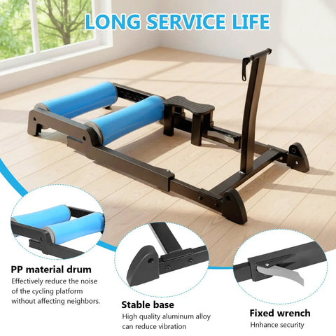 Detachable Indoor Bike Roller Trainer Stand For 24 To 29 Inch Mountain Bikes, anti slip platform, foldable front wheel design