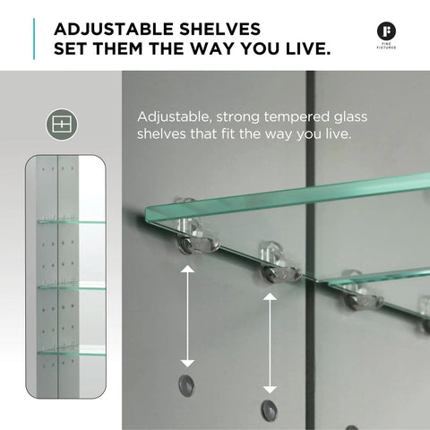 Adjustable tempered glass shelves of Heavy Duty Anodized Aluminum Bathroom Medicine Cabinet, ideal for customizable storage.