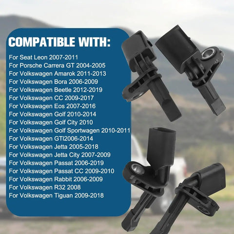 4 Pack ABS Wheel Speed Sensor Front And Rear Left Right Compatible With Volkswagen Beetle Passat Jetta OEM Wht003856 Wht003857, showing multiple sensors.