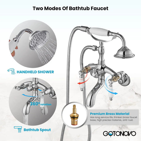 Polished Chrome Clawfoot Tub Faucet With Wall Mount and Handheld Shower, Double-Handle Tub and Shower Mixer, Solid Brass