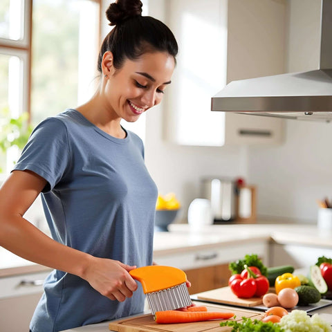 Side view of orange vegetable crinkle cutter with stainless steel blades slicing carrot on a cutting board.
