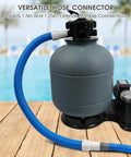 Go To One And A Quarter To One And A Half Inch Pool Hose Adapter Connector attached to pool filter pump on deck