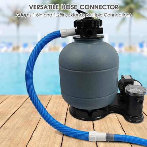 Go To One And A Quarter To One And A Half Inch Pool Hose Adapter Connector attached to pool filter pump on deck