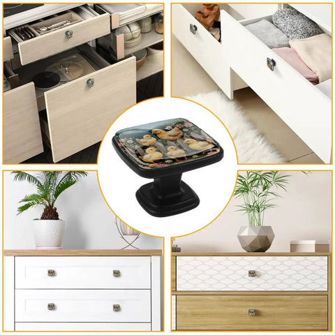 Four Pack Square Cabinet Knobs Set With Flower Chickens Fence Design Black Glass And ABS Pulls For Cabinets Dressers Kitchen