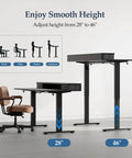 Klicelor 48X23 Inch Electric Standing Desk With Drawers Adjustable Height ranges from 28 to 46 inches, showcasing ergonomic design.