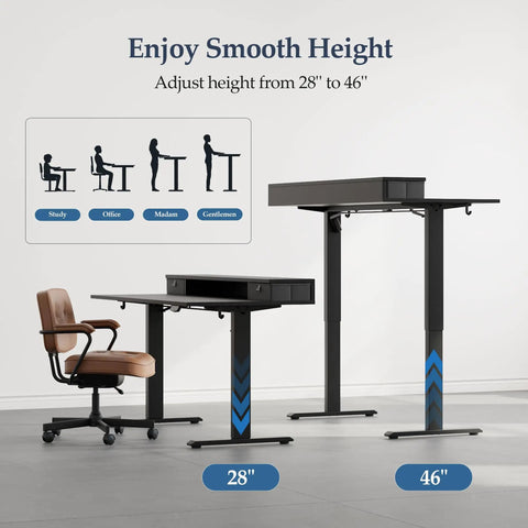 Klicelor 48X23 Inch Electric Standing Desk With Drawers Adjustable Height ranges from 28 to 46 inches, showcasing ergonomic design.