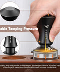 Espresso Tamper 51mm With Dual Spring Load Delivers 30 Lb Constant Pressure shown stabilizing on wood base, self leveling design