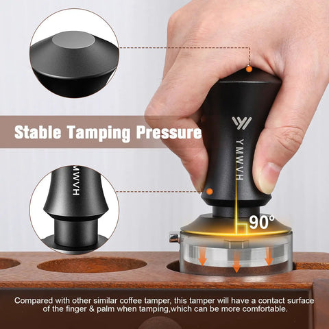 Espresso Tamper 51mm With Dual Spring Load Delivers 30 Lb Constant Pressure shown stabilizing on wood base, self leveling design