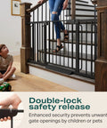 Extra Wide 29.7 to 57 Inch Walk Through Baby Gate for Stairs and Doorways, No Fuss Pressure Mounted Safety Gate for Kids and Pets, Black, Forbes Featured Excellence, Moms Choice Awards Winner shown in use on stairs with double-lock safety release.