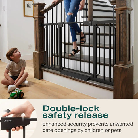 Extra Wide 29.7 to 57 Inch Walk Through Baby Gate for Stairs and Doorways, No Fuss Pressure Mounted Safety Gate for Kids and Pets, Black, Forbes Featured Excellence, Moms Choice Awards Winner shown in use on stairs with double-lock safety release.