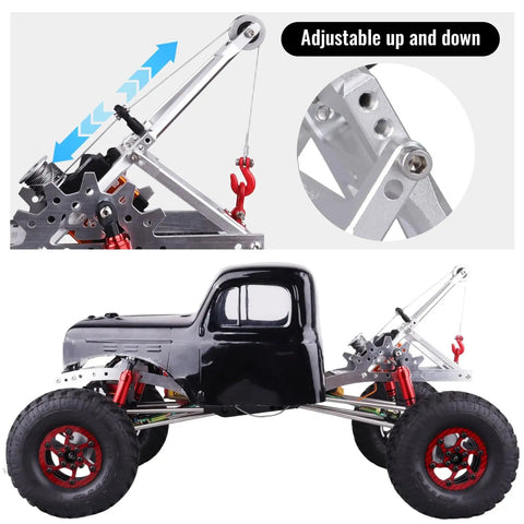 One Tenth Scale RC Tow Rig Crane Kit For Crawler Rigs Beefed Up Heavy Duty Winch Stent Wrecker With Trailer Hook installed on RC truck