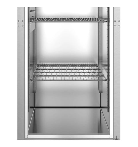 Interior view of Heavy Duty Single Section Upright Freezer With Half Stainless Lock Doors 23.1 Cu Ft Capacity showing wire shelves.