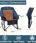 Big And Tall Rocking Camping Chair With 400 Lb Capacity, Heavy Duty XL Folding Rocker dimensions shown, padded high back, navy