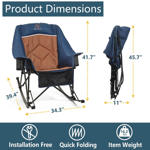 Big And Tall Rocking Camping Chair With 400 Lb Capacity, Heavy Duty XL Folding Rocker dimensions shown, padded high back, navy