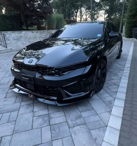 Front view of Kia K5 with Front Bumper Lip Splitter Spoiler Kit Bolt On For Kia K5 2021 2026 All Models Ex Lx Lxs GT GT Line Gloss Black 3 Piece