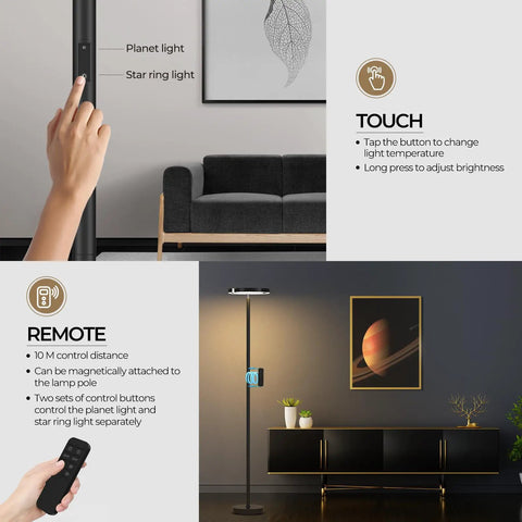 Chill At Home With A Sleek Saturn Ring LED Floor Lamp, 36W, 1800LM Bright, Fully Rotatable Standing Light shown in living room