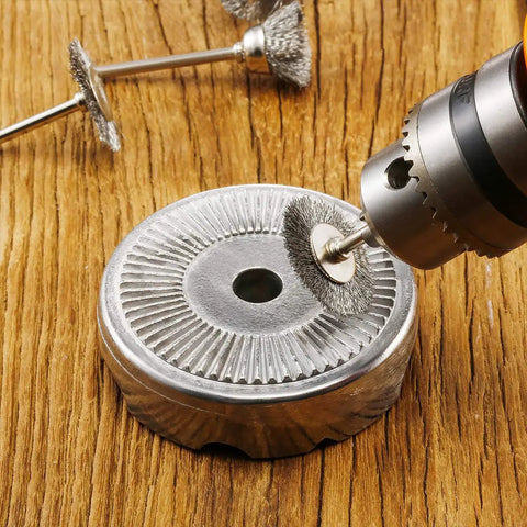 Stainless Steel Wire Wheel Brush Sets 25Mm T Type With One Eighth Inch Shank Crimped Bristle Polishing Wheels in use on metal surface