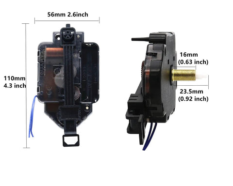 Chiming Pendulum Clock Movement With Westminster Melody, 2 Hands, 23.5mm Shaft, 16mm Thread, side and front view with dimensions
