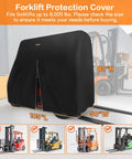 Front view of black 600D forklift cover; waterproof, zipper door, reflective strips; fits up to 8,000 lbs.