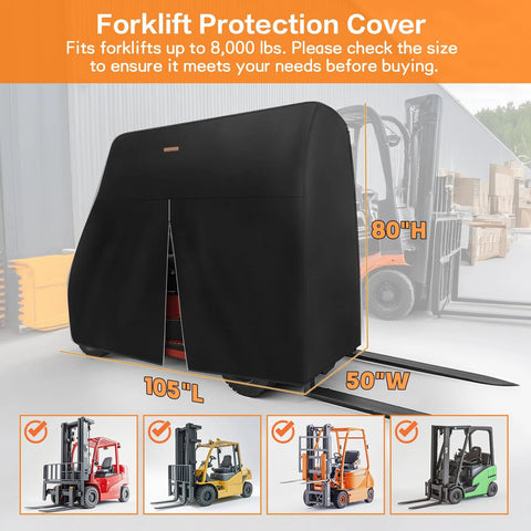 Front view of black 600D forklift cover; waterproof, zipper door, reflective strips; fits up to 8,000 lbs.