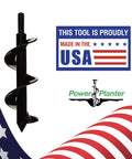 Flower Planting Auger and Grass Plug Tool with USA Made label, compact 2in x 7in drill bit with 3/8in non-slip hex drive, Power Planter logo.