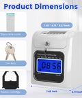 Plug And Play Crew Attendance Clock Featuring Auto Align Punch System With Fifty Standard Cards Dual Tone Inking Backlit Interface Zero Hassle Setup Top Tier Gear For Bosses Running Fast Growing Operations, showing product dimensions and features.