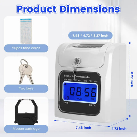 Plug And Play Crew Attendance Clock Featuring Auto Align Punch System With Fifty Standard Cards Dual Tone Inking Backlit Interface Zero Hassle Setup Top Tier Gear For Bosses Running Fast Growing Operations, showing product dimensions and features.