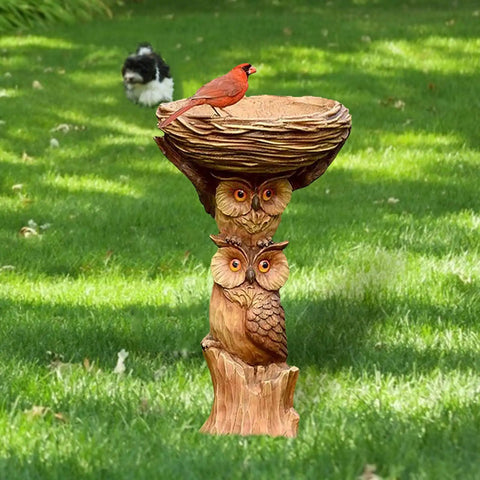Sunflower Themed Resin Bird Bath For Outdoors And Gardens With Owl Pedestal And Ladybug Accent 8.66 Inch Lightweight Bowl
