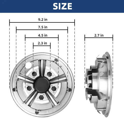 Chrome 8 Inch Golf Cart Hubcaps Set Of 4 For EZGO Club Car And Yamaha Golf Carts Wheel Covers With Classic 5 Spoke Design And Tight Fit Not For EZGO RXV Fits 8 Inch Wheels size dimensions shown