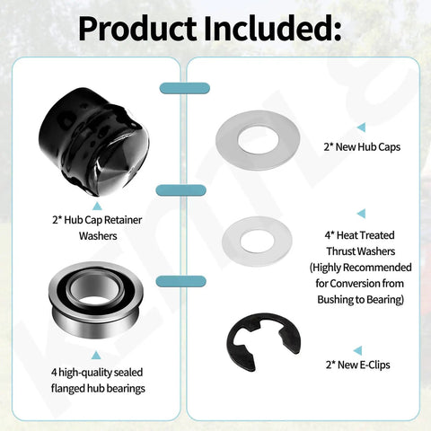 Front Wheel Bushing To Bearing Conversion Kit components including 4 sealed hub bearings, 2 retainer washers, and 4 thrust washers