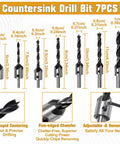 7-piece countersink drill bit set showing varying sizes and features for precise drilling in woodworking projects.
