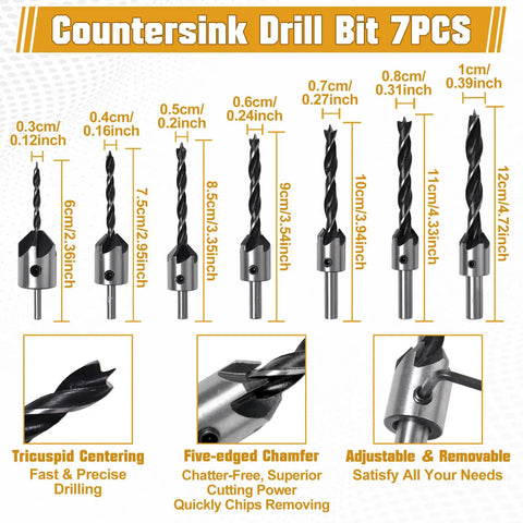 7-piece countersink drill bit set showing varying sizes and features for precise drilling in woodworking projects.