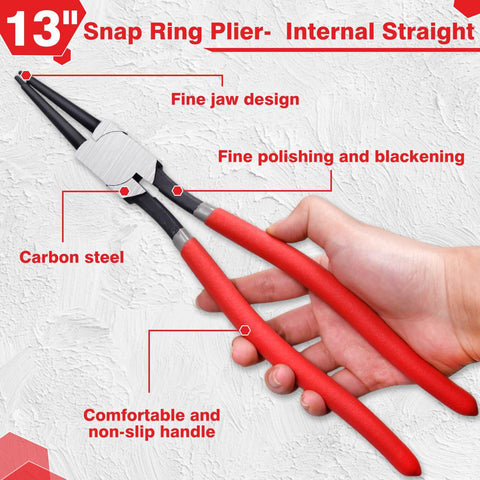 Heavy Duty 13 Inch Snap Ring Pliers Internal Circlip Pliers Straight Jaw 0.12 Inch Tip, Carbon Steel, PVC Handle