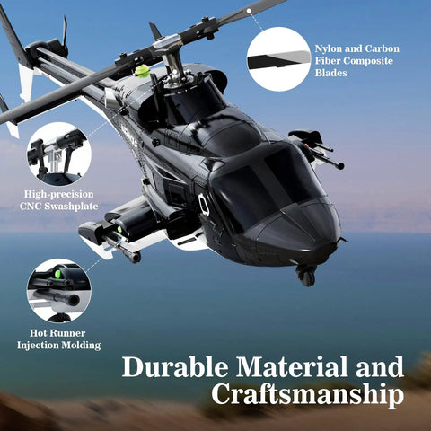 Close-up of Airwolf RC Helicopter 1:27 Scale Ready To Fly With Auto Hover Six Channel Control, showcasing durable materials.