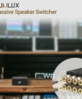 2-Way Speaker Selector Switch Box For A B Amplifier Setup With Banana Plugs, shown in studio with connectors
