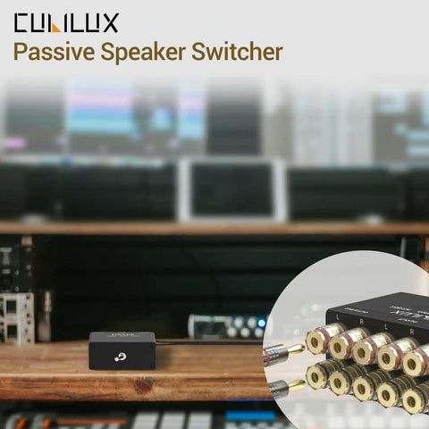 2-Way Speaker Selector Switch Box For A B Amplifier Setup With Banana Plugs, shown in studio with connectors