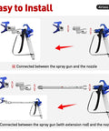 Two Pack Seven Eighths Inch Airless Paint Spray Gun Swivel Joint 3600 PSI Max, 180 Degree Swivel For Angled Spraying, Heavy Duty Aluminum Alloy, Fits Most Airless Guns And Extensions. installed between airless spray gun and nozzle