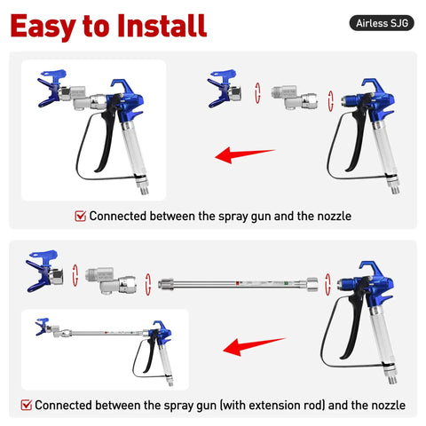 Two Pack Seven Eighths Inch Airless Paint Spray Gun Swivel Joint 3600 PSI Max, 180 Degree Swivel For Angled Spraying, Heavy Duty Aluminum Alloy, Fits Most Airless Guns And Extensions. installed between airless spray gun and nozzle