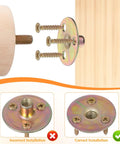 Solid As A Rock Furniture Leg Mounting Plates 4 Pack shows incorrect and correct installation guides with screws and wooden leg.