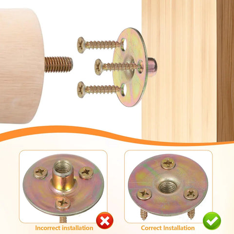 Solid As A Rock Furniture Leg Mounting Plates 4 Pack shows incorrect and correct installation guides with screws and wooden leg.
