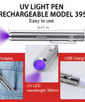 Portable UV light pen model 395 with USB charging, UV LED 395nm, shown in jeans and charging via USB cable.