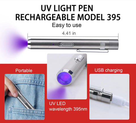 Portable UV light pen model 395 with USB charging, UV LED 395nm, shown in jeans and charging via USB cable.