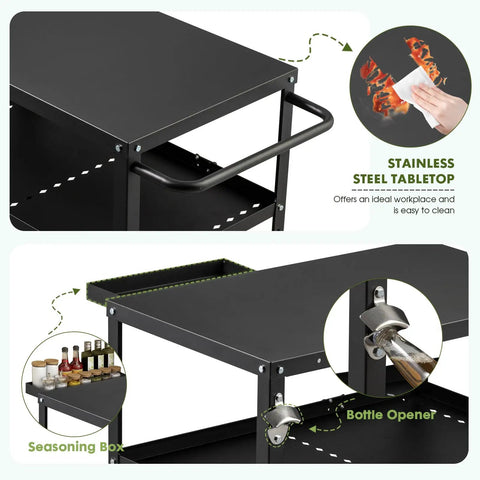 Outdoor Grill Cart Table With Pizza Oven Stand For Indoor And Outdoor Cooking, features stainless steel tabletop and bottle opener.