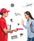 Courier handing a hot pink bubble mailer to a woman; concept of Hot Pink Bubble Mailers 4x8 Inch Pack Of 50 Waterproof Padded Envelopes.